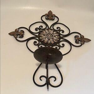 Dark Brown wrought iron euro style cross wall sconce with fleur de lis accent
